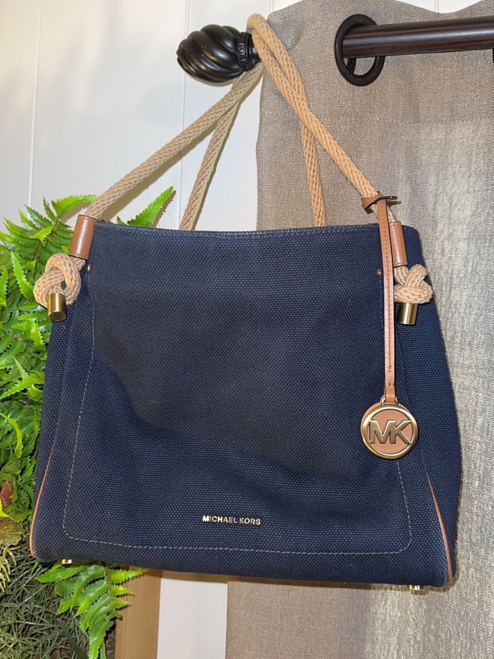 Michael Kors MK Designer Navy Canvas Shoulder Bag with Rope Strap LIKE NEW